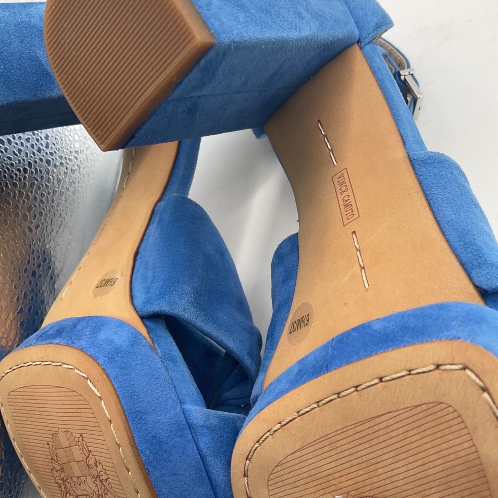 Vince Camuto Corlesta Blue Suede Knotted Dress Sandals Ankle Strap Heels 6.5 New - Picture 9 of 14